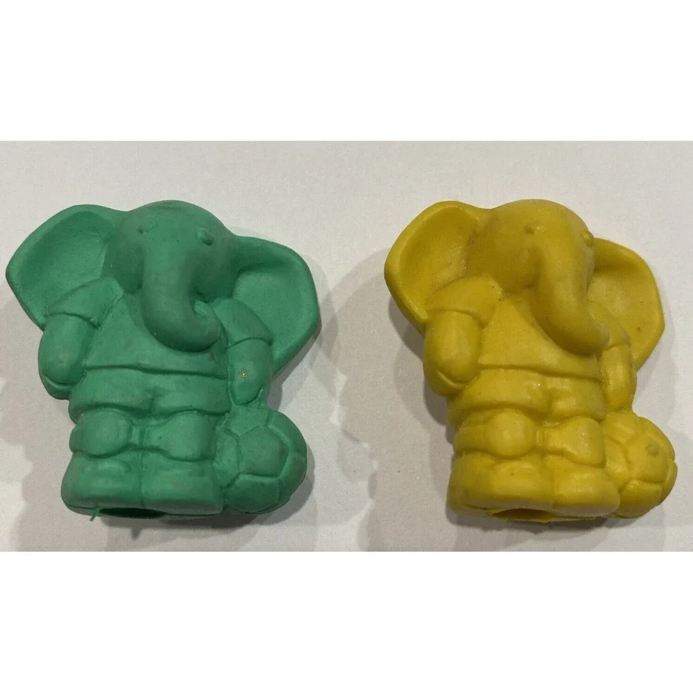 Vintage Diener Erasers- Yellow Green Elephant Soccer Ball Pencil Toppers 1985